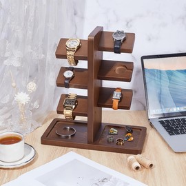 UNICRAFTALE Wooden Watch Holder Stand with Charging Station Coconut Brown Watch Display Tower Jewelry Organizer for Rings Coins Bracelets Necklaces Great Father's Day Gift for Men