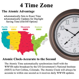 CLXEAST 18 Inch Illuminated Outdoor Indoor Atomic Analog Wall Clock with Temperature & Humidity, Lighted Outdoor Clocks for Patio Large Waterproof with Thermometer,Bronze Finish,House Warming Gifts
