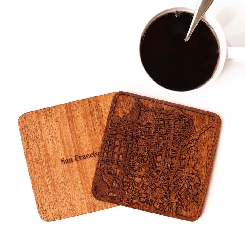 San Francisco Map Coaster, Set Of 4, Sapele Wooden Coaster