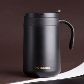 Maxgeen Taza Termo para Cafe 500 ML/18oz con Tapa,Vaso Termico Acero Inoxidable con Asa(sin BPA),Tazas de Oficina Termica para Agua Caliente y Fría(Negro)