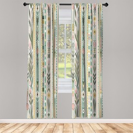 Ambesonne Bohemian Curtains, Pastel Colored Botanical Motif with Flowers and Stripes Spring Art, Window Treatments 2 Panel Set for Living Room Bedroom, Pair of - 28" x 84", Pale Teal Mustard and Rose