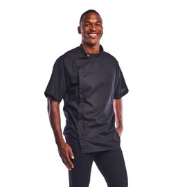 Betty Dain Classic Barber Jacket, Barber Design, Band Collar, Shoulder Snaps, Single Chest Pocket, Concealed Side Zipper Closure, Soft Cotton/Polyester Blend, Machine Washable, Black, XL