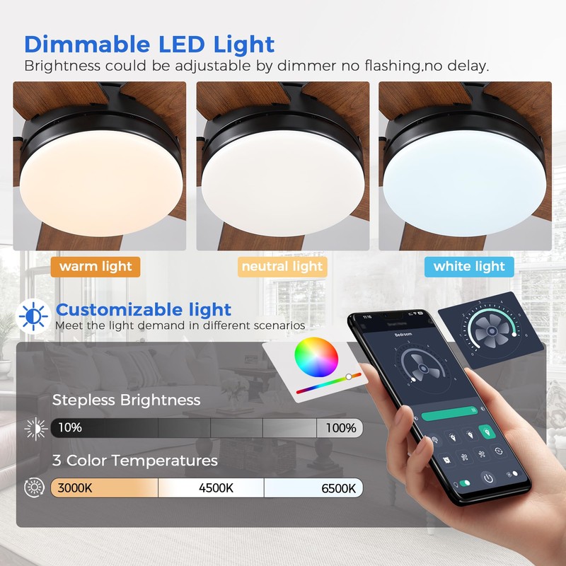Ceiling Fans with RGB Lights -48” Brown Flush Mount Ceiling