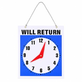 Letrero abierto de doble cara con reloj que regresará y volverá a la puerta de bienvenida, placa de plástico para puerta de bienvenida, para tienda, oficina, bares, tienda, hogar, cuadrado con reloj