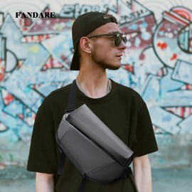 FANDARE Men's Chest Bag Sling Crossbody Bag Men's Shoulder Bag Neck Bag with Tripod Strap Urban Waterproof PU Leather Messenger Bags Durable Shoulder Bags for Travel School Hiking Body Bag, gray, L