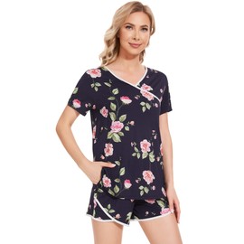 NACHILA Women's Bamboo Pajama Set Soft Sleepwear Short Sleeve Pjs Top with Shorts Pants Navy Rose S