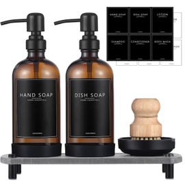 NEECZS Kitchen Soap Dispenser Set with Instant Dry Tray,16 Oz Hand and Dish Soap Amber Glass Dispenser Set,Stainless Steel Pump,Waterproof Labels&Bamboo Brush,Luxury Soap Bottle for Kitchen,Bathroom