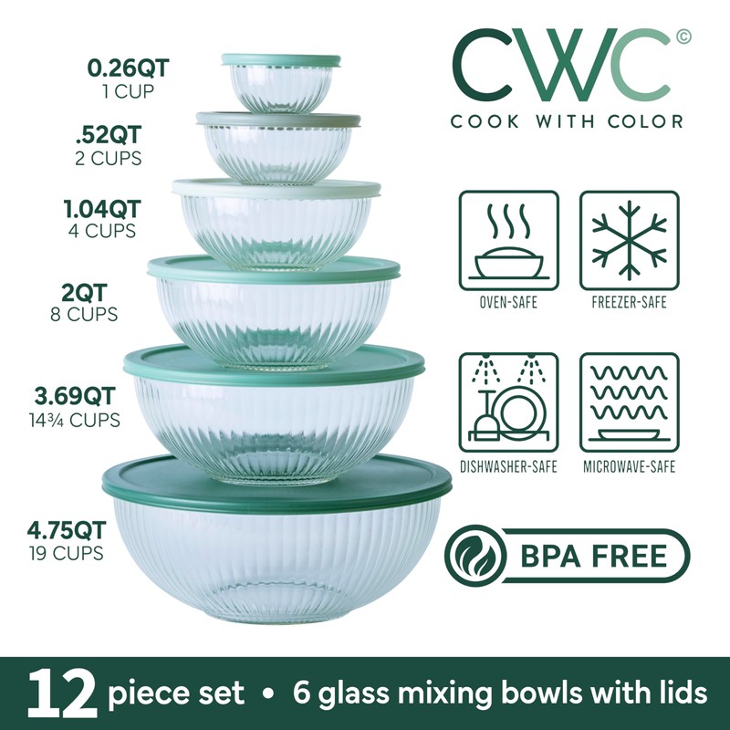 COOK WITH COLOR 12 Pc Glass Mixing Bowl Set with