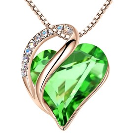 Leafael Rose Gold Plated Necklace for Women: Heart Shaped Fern Green Crystal Center, August Birthstone, Dazzling Cubic Zirconia, Hypoallergenic Chain (18"+2"), Timeless Jewelry Gifts for Her
