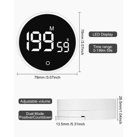 Birshe Digital Timer, Kitchen Timer, Egg Timer, Kitchen Timer, Digital Visual Timer, Magnetic Timer Digital with LED Display, 2 Modes, White Digital Timer, Suitable for Kitchen, Bathroom, Office,