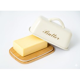 Plexon Metal Butter Dish with Lid and Handle, Covered Butter Dish Airtight, Cute Counter Butter Keeper, Galvanized Steel Butter Counter Holder, Bamboo Butter Tray with Lid, Off-White