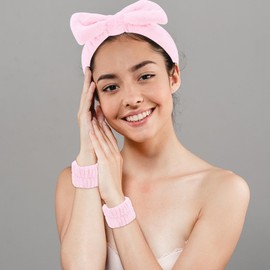 Ondder Pink Spa Headband and Wristband Set Makeup Spa Headband for Washing Face Skin Care Headbands Face Wash Hair Headband Make Up Head Bands Spa Party Favors Hair Accessories for Women Girls