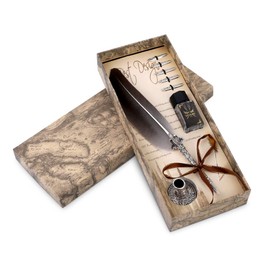 Feather Quill Pen, Calligraphy Feather Dip Pen Set Retro Fountain Pen Kit Vintage Stationery Box with 1 Ink Bottle 5 Nibs 1 Nib Base for Handwriting Birthday Gift (Ink Not Included)