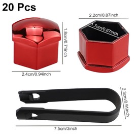 Pack of 20 Wheel Nut Caps, Universal Tyre Nut Covers, Wheel Bolt Nut Caps with Removal Tool for Cars, Hex Wheel Nut Caps, Wheel Nut Covers, Wheel Caps (Red, 17 mm)