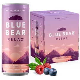 Blue Bear Relax Tea, Ready-to-Drink Iced Tea, Mixed Berry Calming & Relaxation Tea for Stress Relief, Caffeine-Free, Zero Sugar, 8.4 Fl Oz (4 Pack)