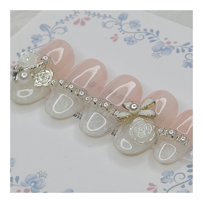 Romantic Flower Handmade Nail Tips - Coffin Egg / 로맨틱