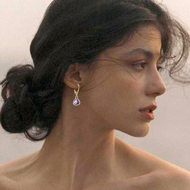 HQFJW Natural Waterdrop Purple Amethyst Stone Crystal Drop Earrings,14K Gold Plated Dainty Geometric Real Simple Gemstone Dangle Earrings,Teardrop Quartz Earrings for Women (D03_Amethyst)