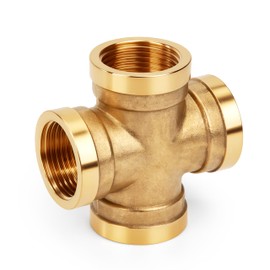 Brass Cross Pipe Fitting, 3/4 Female Threaded 4 Way Coupling Connector for Connecting Pipes, Water, Fuel, Oil, Inert Gases, Brass Tone