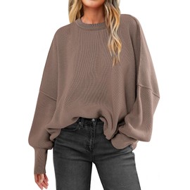 LOGENE Women's Oversized Crewneck Batwing Long Sleeve Side Slit Ribbed Knit Pullover Sweater Tops 2024 Fashion Clothes Light Coffee Medium