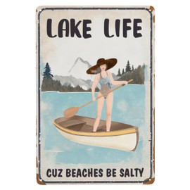 Sadytui Vintage Lake Beach House Decor Lake Life Cuz Beaches Be Salty Tin Signs Gifts For Lakehouse Home Outdoor 12x8 Inches, Blue