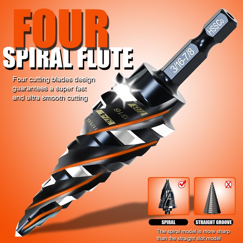 Four Spiral Flute Step Drill Bit for Metal,M35 Cobalt Unibit