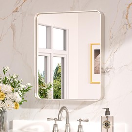 Keonjinn 22 x 30 Brushed Nickel Bathroom Mirrors for Over Sink, Rounded Rectangle Bathroom Vanity Mirror, Brushed Silver Framed Farmhouse Mirror, HD Tempered Glass Wall Mirror(Horizontal/Vertical)