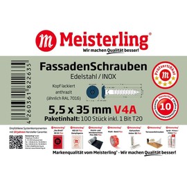 100 x MEISTERLING Facade Screws INOX V4A 5.5 x 35 mm - Flat Head Torx T20 + 1 Bit - White