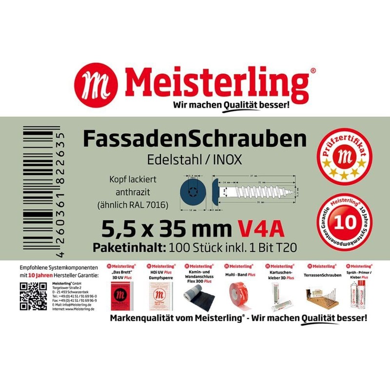 100 x MEISTERLING Facade Screws INOX V4A 5.5 x 35
