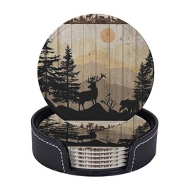 Vintage Forest Animals Black Bear Deer Wood Board Premium Leather Coasters - Set of 6 with Holder, Stylish Beverage Coasters for Kitchen, Coffee and Home Decor