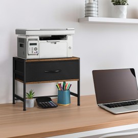 Luplom Printer Stand with Storage for Desk, Desktop Printer Stand Shelf with Fabric Drawer Small Desk Organizer Printer Table for Home Office, Fax Machine Scanner, Rustic Brown