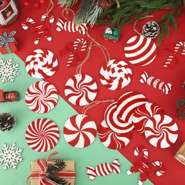 36PCS Candy Ornaments for Christmas Tree Red and White Peppermint Wooden Cutouts Xmas Candy Cane Lollipop Hanging Wood Slices for Christmas Holiday New Year Party Decorations