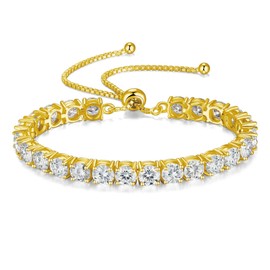 CACESTONE 12 Carats 5mm Moissanite Bolo Tennis Bracelet,Adjustable Bolo Simulated Diamond Bracelets,18K Yellow Gold Plated 925 Sterling Silver,D Color VVS1 Round Brilliant Cut,Gifts for Women Men