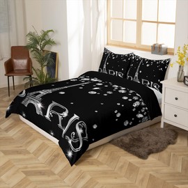 Erosebridal Paris Bedding Set for Girls Teens,Eiffel Tower Duvet Cover Queen,Black White Sparkles Sequins Comforter Cover Lightweight,Gradient Diamond Quilt Cover with 2 Pillow Shams Home Room Decor