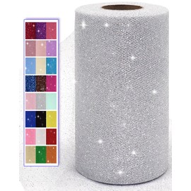Glitter Tulle Fabric Rolls, 6 Inch 50 Yards (150ft) Sparkling Spool Ribbon Sequin Netting for Tutu Skirt Gift Wrapping Wedding Party Decoration (Silver)
