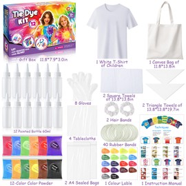 G.C Tie Dye Kit Kids & Adults,Tie Dye Craft Kits with White T Shirt Canvas Bag Kerchief 12 Colors Tie Dye Powder, Creative Arts and Crafts Tie-Dye Kits Gifts Groups Activity for Girls Boys