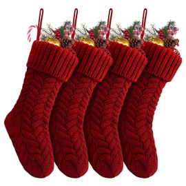 Fesciory 18 Inches Christmas Stockings Bulk, 4 Pack Large Size Cable Knitted Fireplace Hanging Stockings for Family Holiday Xmas Party Decorations, Burgundy