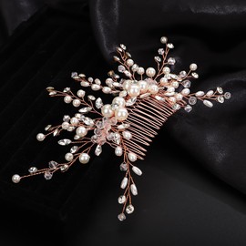 Chargances Pearl Bride Wedding Hair Comb Vintage Rose Gold Pearl Beaded Side Comb Hair Pieces Headpieces with Pearl Bridal Hair Accessories for Women Bride Girl (Rose Gold)
