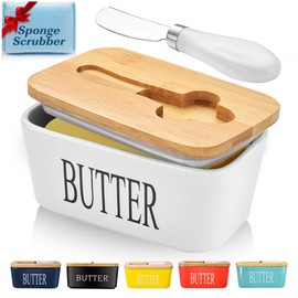 Butter Dish with Lid, Large Butter Container for Countertop, Ceramic Butter Holder for Counter, Butter Tray Butter Keeper with Knife and Sponge Scrubber, Perfect for 2 Sticks of Butter, White