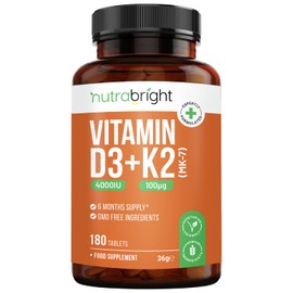 Vitamin D3 4000IU + Vitamin K2 MK-7 100µg | Better Strength D3 + K2 Supplement | 180 Tablets (6-Month Supply) | Vegetarian Friendly GMO-Free, Premium Quality | Easy-to-Swallow Tablets by Nutrabright