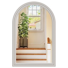 Wiserset Arched Boho Mirror for Wall, 24" x 36" Farmhouse Rustic Wooden Frame Mirror with Beaded, Arch Decorative Wall Mirrors for Bathroom, Vanity, Living Room, Entryway