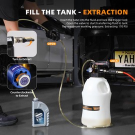 FOUR UNCLES 10L Transmission Fluid Pump - Pneumatic Transmission Fluid Extractor and Dispenser with 15 Metal ATF Adapters and Pressure Gauge for Automotive Use, Transmission Fluid Transfer Pump Kit