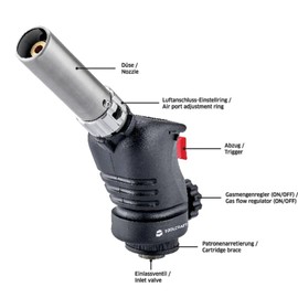 TOOLCRAFT Blowtorch with Piezo Ignition, Gas Burner, 1500 °C Temperature, Bunsen Burner, EN417, 360° Insert, Gas Soldering Burner, Camping Accessories