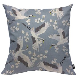 HOSNYE Crane Throw Pillow Case Cushion Covers Flying Bird Flower Blue White Cotton Linen for Couch Bed Sofa Car Waist 20 x 20 inch
