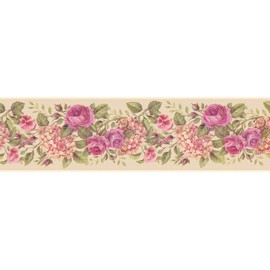 Dundee Deco DDAZBD9064 Peel and Stick Wallpaper Border - Floral Pink, Cream Blooming Roses, Hortensia Wall Border Retro Design, 15 ft x 7 in (4.57m x 17.78cm), Self Adhesive