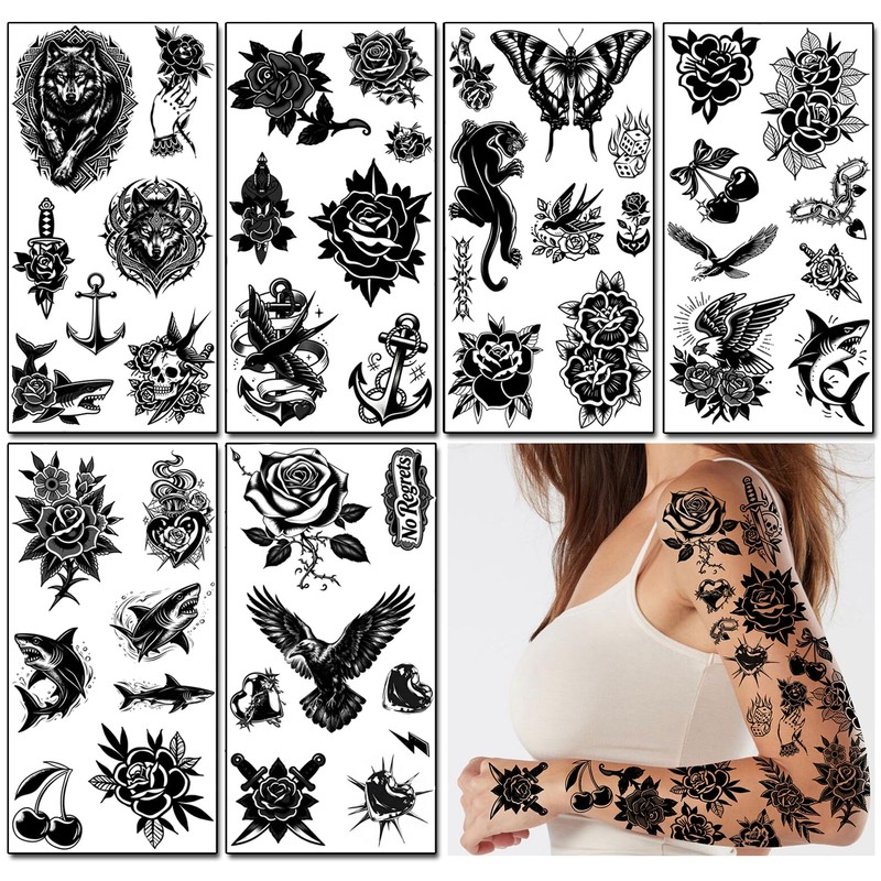 Black Temporary Tattoos Set, Old School Style, 12 Sheets