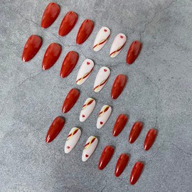 Heart Press on Nails Medium Length Almond Fake Nails Full Cover Stick on Nails Valentines Day False Nails with Red French Swirl Designs Glossy Acrylic Nails Artificial Nails for Women Girls