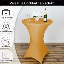 Jusmate 2 Pack 32x43 Inch Gold Spandex Cocktail Table Covers, Fitted Round Cocktail Tablecloth, Stretch Highboy Table Cover Cloth for Wedding, Party, Banquet, Event