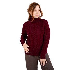 SAOL Women's Wool Sweater Irish Cable Knit Jumper Made in Ireland (Wine, XX-Large)