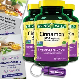 Choice Bundle Spring Valley Cinnamon Supplement 1000mg 400 ct Cassia Vegetarian Capsules 3 pk (1200 Total) + Vitamin Vitality & Pill Container (5 Items)!