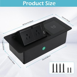 Pop Up Outlet with 15W Wireless Charger, Power Strip with 2 AC Outlets, USB A and USB C Charging Ports Recessed Multimedia Strip Socket Hidden Table Connection Box with Outlet (Black-F-Wireless)